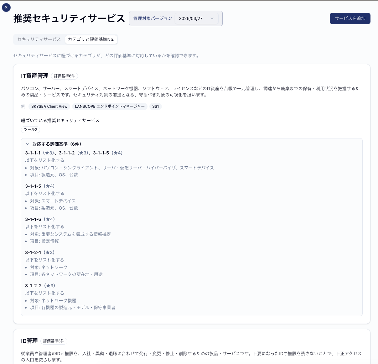 カテゴリと評価基準No.のタブ